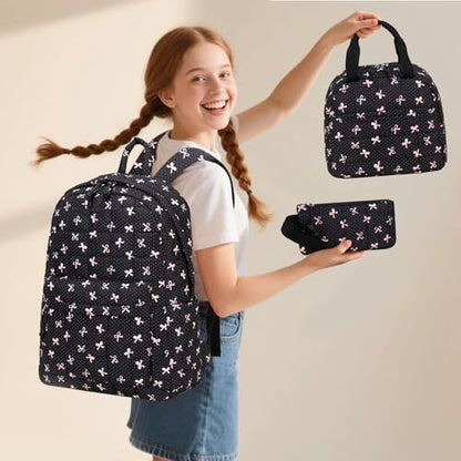 LEDAOU Kids Backpack for Girls Backpacks with Lunch Box, Lightweight Bookbag Set Elementary Middle School Back pack for 8-14 - color: Black Bow