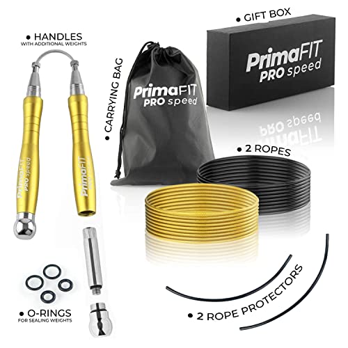 PrimaFIT Jump Rope Pro Speed Skipping Rope Adjustable Adult Jumping Rope Weighted Aluminium Handles for Double Dutch Boxing Workout Crossfit Exercise Fitness Spare Cable Weights Protectors Carry Bag - color: Golden