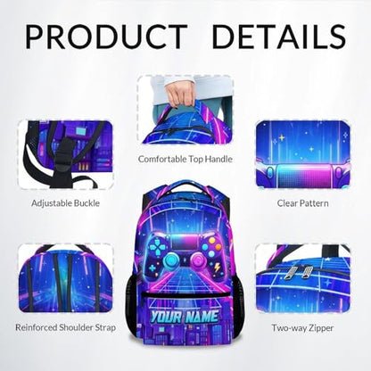 Personalized 17 Inch Gaming Backpack for Boys Kids Toddlers - Large Capacity Lightweight Gamer Bookbag for Preschool Kindergarten Elementary School - color: Purple