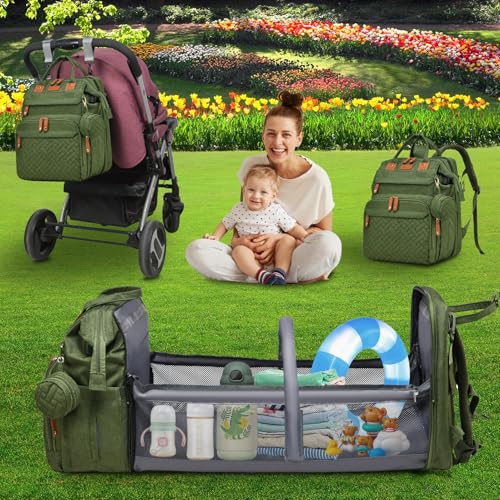 Baby Diaper Bags with Changing Station Multifunctional Waterproof Diaper Bag Backpack Travel Baby Bag with Changing Pad, Pacifier Case,Baby Essentials(Army Green) - color: Army Green