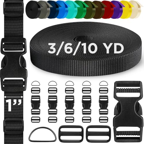 TECEUM Buckles & Strap Kit – 1" Black Nylon Webbing 6 (yd) – 6 Heavy Duty Adjustable Plastic Buckles – 12 Tri-Glide Slide Clips – 6 Metal D-Ring – Ideal Straps for Arts Crafts Outdoors Indoors DIY - color: Black, size: 1" - 6 yards, style: 6 Buckle - 12 S