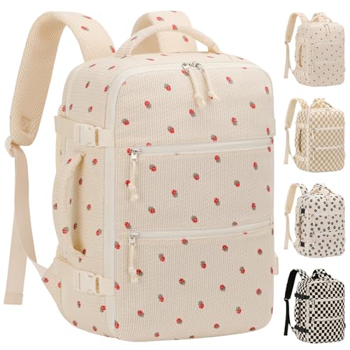 Tenot Corduroy Travel Backpack for Women, 15.6 Inch Womens Laptop Backpack TSA Approved Carry On Backpack, Personal Item Backpack for Travel Work Business, Beige Strawberry - color: Beige Strawberry
