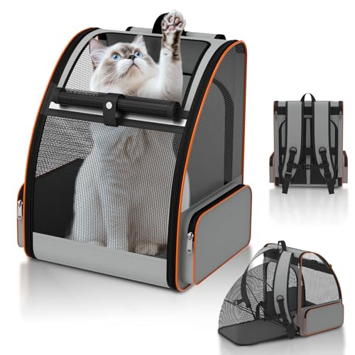 Cat Backpack Carrier Expandable for Outdoor - Foldable Cat Backpack with Breathable Mesh for Small Dog Puppy Kitten Up to 15 lbs - Soft Sided Pet Carrier for Travel Hiking Camping (Gray)