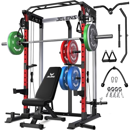 JELENS C21 Power Cage, 2000LBS Multi-Function Power Rack with Independent Dual Pulley System, All-in-One Squat Rack for Cable Crossover, Home Gym Workout Machine - color: Red, size: 190LBS Colored Weights Package