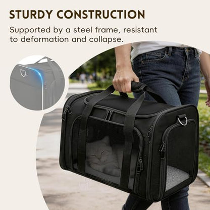 Cat Carrier Soft, Dog Carriers for Small Dogs/Large Cats (Up to 16lbs), with High Breathability, Shoulder Strap, Removable Pad, Pet Carrier Airline Approved, for Home Outdoor Travel (Black) - color: Black