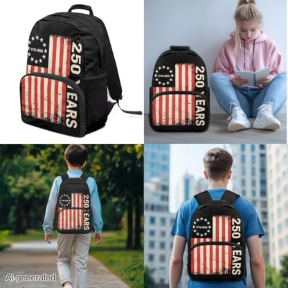 3PCS Backpacks for Boys Girls, USA Flag 250 Years Lightweight 3 in 1 School Bag with Insulated Lunch Box Pencil Case for Middle High School Students - color: Usa Flag 250 Years