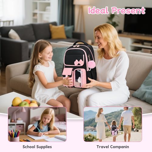 Girls Backpack, School Backpack for Girls, Cute Bow Kids Bookbag for Grils Children Teens for Elementary Middle High School Student, Back To School, Black Pink - color: Black Pink