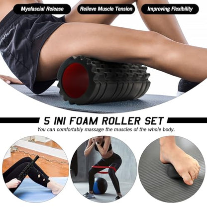 JOYENERGY 5 in 1 Foam Roller Set High Density Foam Roller Patented, Massage Stick, Massage Ball, Resistance Band for Deep Muscle Massage Pilates Yoga, Fitness for Trigger Point Release - color: Pure Black