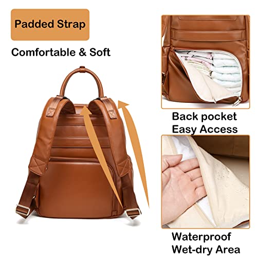 Leather Diaper Bag Backpack for Women with Multiple Pockets,Laptop Compartment and Changing Pad. - color: Brown