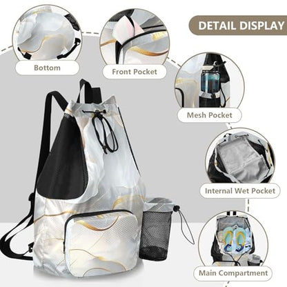 Drawstring Gym Bags Camp Bag With Pockets Cinch Sack Waterproof Marble White Neutral - color: Color 16
