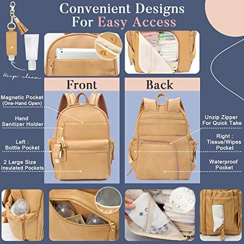 miss fong Leather Diaper Bag Backpack Baby Diaper Bag with 16 Pockets Baby Bag with Hand Sanitizer Holder, Changing Pad, 2 Insulated Pockets(Peanut) - color: Peanut