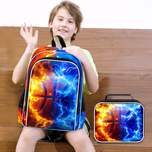 AGSDON 3PCS Basketball Backpack for Boys, 17" Kids Bookbag with Lunch Box for Boy, Flame Thunder Backpacks Water Resistant and Lightweight for Teen - color: Basketball
