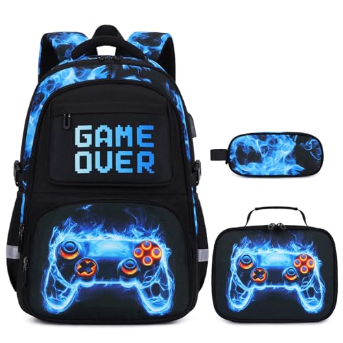 3PCS School Backpack for Boys, Cool Gamer Boys Backpack with Lunch Box and Pencil Case for Kids Kindergarten Teens Elementary Middle School Bag with Convenient Charging Port,Gaming Bookbag Waterproof - color: Blue Flame