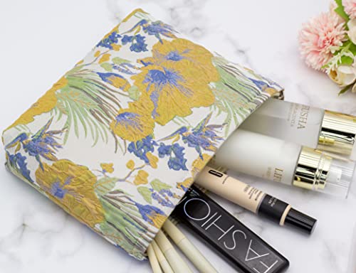 Makeup Bags for Purse Zipper Cosmetic Pouch Large Travel Canvas Make Up Organizer Tool Pouch for Women and Girls,Brocade Flower Yellow - color: Brocade Flower Yellow