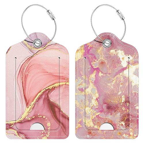 2 Pack PU Leather Luggage Tags for Suitcase, Travel Cruise Luggage Tag with Privacy Flap, Name ID Label and Metal Loop for Women Men Baggage Handbag School Bag Backpack, Pink Marble - color: Pink Marble, size: 2 Pack