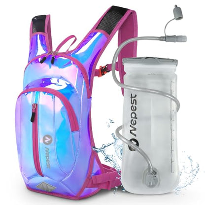 Nepest Hydration Pack Backpack for Women & Men, Lightweight Water Backpack with 2L Water Bladder for Hiking Cycling Running Biking - color: Holographic - Pink
