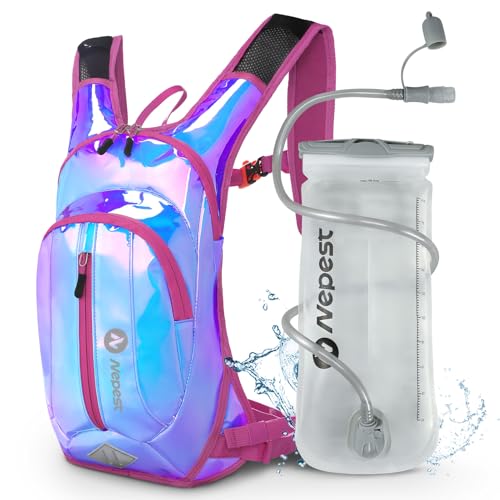 Nepest Hydration Pack Backpack for Women & Men, Lightweight Water Backpack with 2L Water Bladder for Hiking Cycling Running Biking - color: Holographic - Pink