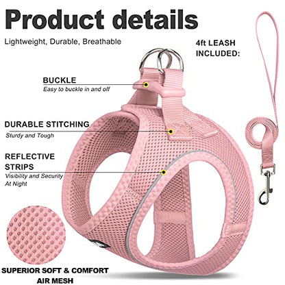Fida Comfy Dog Harness with Leash, Cat Vest Harness Escape Proof, Breathable Lightweight Soft Mesh, Adjustable Reflective Step-in Harness for Puppy Toy Breeds & Extra-Small Pet (XXS, Pink) - color: Pink, size: XXS (Neck:11.4"-12.2"; Girth:12.6"-14.2")