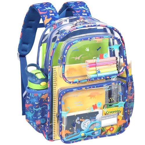 Bagseri Clear Backpack for Boys, 15 Inch Heavy Duty Kids Transparent Bookbag for School Kindergarten to 2nd Grade, Fits 12.5 Inch Folders, High Visibility Reflective Strips, Blue Dinosaur - color: 1pcs, B-blue Dinosaur, style: Backpack