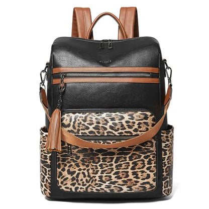 Shrrie 15.6 inch Laptop Backpack for Women,Large Leather Purse,Travel Backpacks Carry on,Water Resistant Casual Laptop Backpacks,College Backpack,Work Backpack for Women,Two-toned Deep Gray - color: Black With Leopard