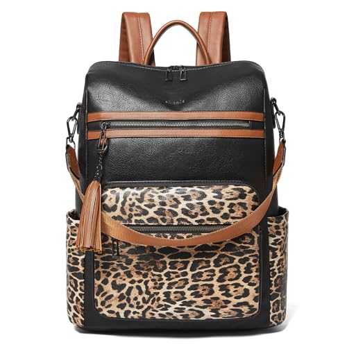 Shrrie 15.6 inch Laptop Backpack for Women,Large Leather Purse,Travel Backpacks Carry on,Water Resistant Casual Laptop Backpacks,College Backpack,Work Backpack for Women,Two-toned Deep Gray - color: Black With Leopard