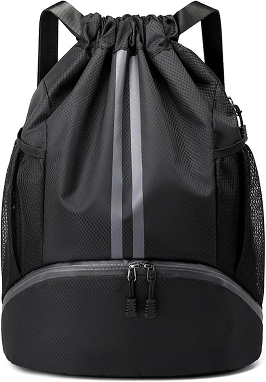 Drawstring Backpack Gym Bag with Shoe Compartment - Ideal for Basketball, Swimming, Beach Activities, Unisex - color: Black
