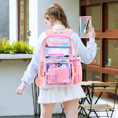 gxtvo 3PCS Clear Backpack, Women’s Sequins Transparent Bookbag Set, Cute Heavy Duty See-Through School Bag for Teens and Elementary Students – Flower Pink Love - color: Flower Pink Love Clear Backpack Set