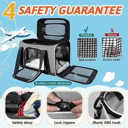 Petskd Top-Expandable Pet Carrier 17x12x8.5 Inches JetBlue Allegiant Spirit Airline Approved, Soft-Sided Carrier for Small Cats and Dogs with Locking Safety Zippers and Anti-Scratch Mesh(Grey) - color: Grey, size: 17.0"L x 12.0"W x 8.5"H