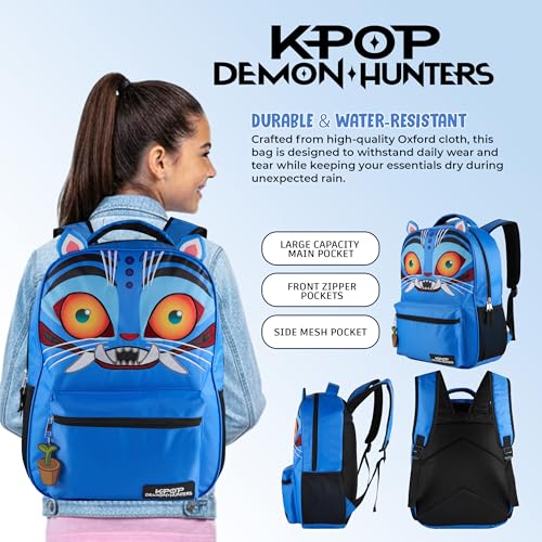 AI ACCESSORY INNOVATIONS K-Pop Demon Hunters 16” Backpack for Girls, Featuring a Big Face Derby with 3D Ears and Embroidery, Rubber Molded Bag Charm, Derby - style: Big Face Derby