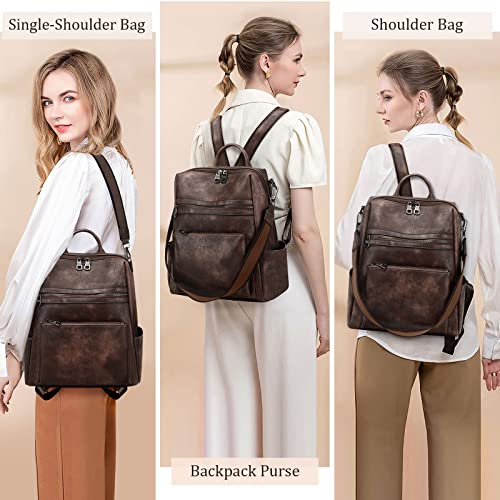 AGLOD Leather Backpack Purse for Women Designer Ladies Shoulder Bag Fashion Faux Work Travel Handbags - color: Kcus22001-coarse Grain Two-tone Coffee