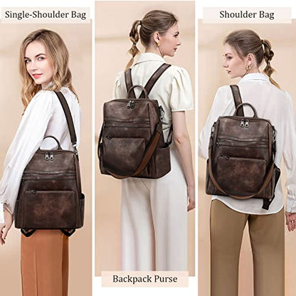 AGLOD Leather Backpack Purse for Women Designer Ladies Shoulder Bag Fashion Faux Work Travel Handbags - color: Kcus22001-coarse Grain Two-tone Coffee