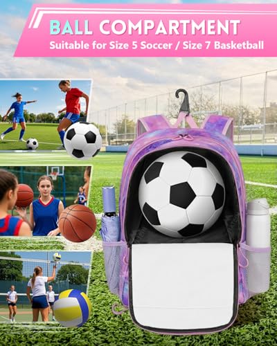 MATEIN Girls Soccer Backpack, Large Basketball Bag with Ball Holder & Shoe Compartment for Tournament & Game Day, Lightweight Youth Sports Bag with Fence Hook Fits 15.6 Inch Laptop, Soccer Team Gifts - color: Star Purple