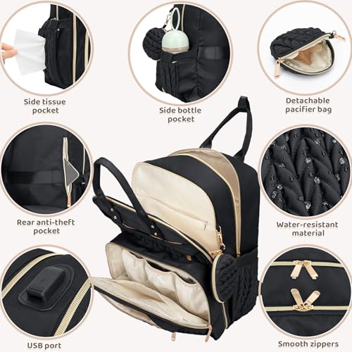 Diaper Bag Backpack, Waterproof Large Baby Bag with Changing Pad, Black | Baby Diaper Bag, Stylish, Large Capacity, with Changing Pad, with USB Port, Stroller Strap, Pacifier Case, Travel Essentials - color: Black