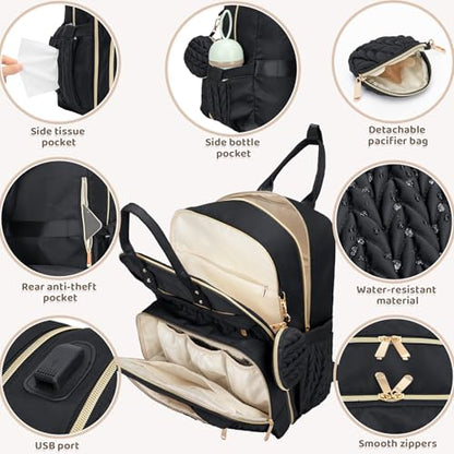 Diaper Bag Backpack, Waterproof Large Baby Bag with Changing Pad, Black | Baby Diaper Bag, Stylish, Large Capacity, with Changing Pad, with USB Port, Stroller Strap, Pacifier Case, Travel Essentials - color: Black