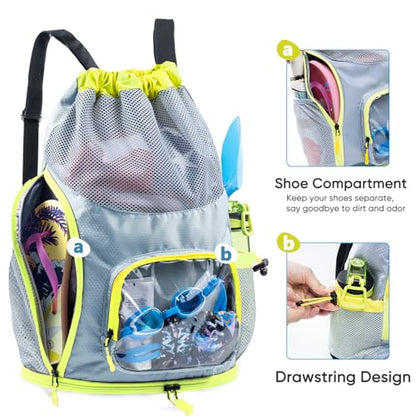 Mesh Drawstring Backpack with Shoe Compartment, Sandproof Beach Swim Bag with Wet Pocket, Pool Gym Shower Bag for Travel Summer Camp - color: Grey, style: Style a