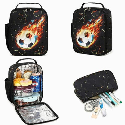LOIDOU Backpack for Teen Girls Bookbags School Backpack with Lunch Box and Pencil Case 3 in 1 School Bags Set - color: Black Football