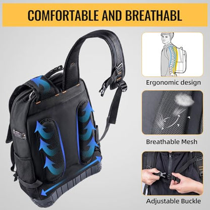 Tool Backpack Heavy Duty, Tool Bag Backpack for Men Waterproof Oxford Fabric with Plastic Base, 19IN Large Capacity with 44 Pockets, Padded Back & Straps for All Worksite Environments