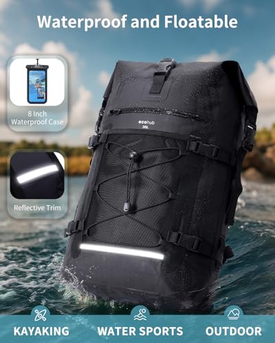 ECOHUB Waterproof Backpack for Women Men, 30L Roll-Top Closure Heavy Duty Dry Bag for Travel with IPX8 Waterproof Phone Case - color: Black
