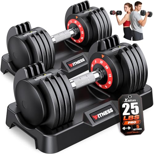 XDDIAS Adjustable Dumbbells Set of 2 for Strength Training, One-Hand Quick Adjust, 25/55/80/90 lbs Options, Anti-Slip Grip Handle, Compact Home Gym Weights for Men Women - color: 25LBS-5 Gears