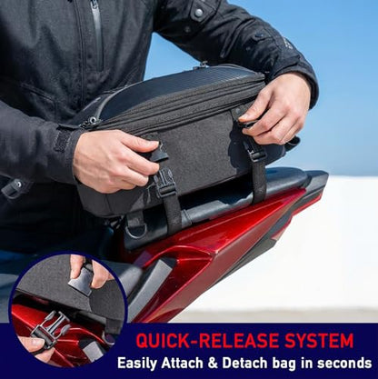Nomad USA Motorcycle Tail Bag Fits Helmets, 22L-35L Expandable Hard Shell Waterproof Reflective Dual Rear Seat/Rack Bag Converts to Motorbike Backpack/Hand Carry Quick Release Bag w/Rain Cover