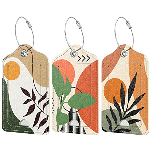 Rimilak 3 Pcs PU Leather Luggage Tags for Suitcase, Travel Cruise Luggage Tag with Privacy Flap, Name ID Label and Metal Loop for Women Men Baggage Handbag School Bag Backpack, Tropical Plant - color: Tropical Plant