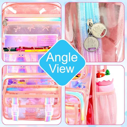 KLFVB 3PCS Clear Bookbag for Girls Heavy Duty, See Through School Backpack Set, Cute Transparent Bag for Women - Bow Pink - color: Bow Pink Clear Backpack