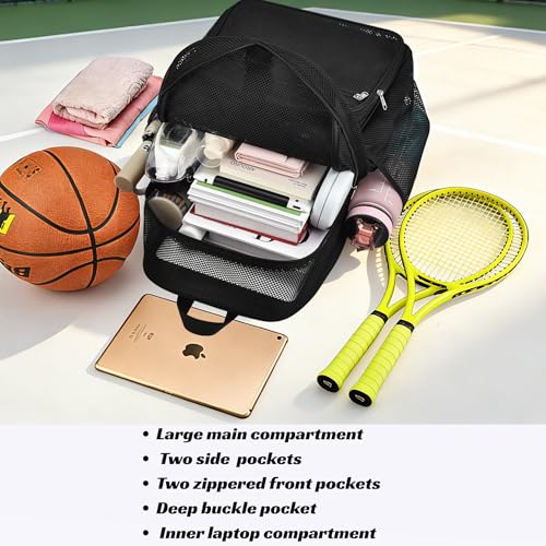 Metaverse Mesh Sports Backpack 20 Inch with Racket Holder for Men Women, Large Travel Gym Beach Backpack with Water Bottle Pockets - color: Black