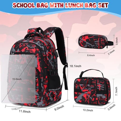ACESAK Camo Backpack for Boys, Tactical Kids Backpack Boys, School Bags for Boy Children Teens Kids Elementary Middle High School, Military Bookbag and Lunch Bag Pencil Case Set with USB Charging Port - color: Camo Red