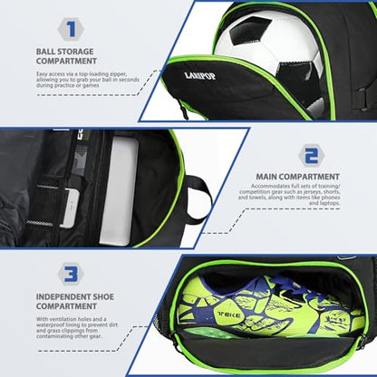 LARIPOP Soccer Backpack with Ball Holder & Shoe Compartment Large Capacity Sports Bag for Training - color: Lemon Green