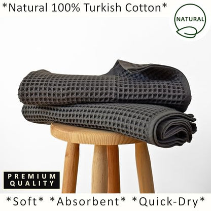 PÜSKÜL Natural 100% Turkish Cotton Waffle Bath Towels Set of 2-Piece | 32x63 inch Extra Large Absorbent Quick-Dry Lightweight Spa Towel | Luxury Sauna Accessories (Dark Gray Bath Towels - Pack of 2) - color: Dark Gray