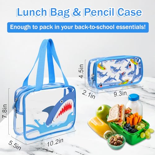3PCS Clear Blue Backpack for School - Shark Cartoon Kids Clear Backpacks for Boys and Girls, Heavy Duty Transparent Bookbag with Lunch Bag and Pencil Case - See Through PVC Transparent Bookbag - color: Blue-Shark