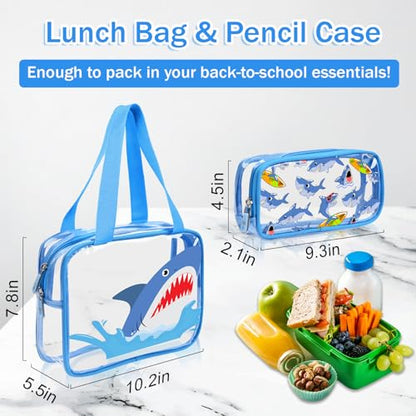 3PCS Clear Blue Backpack for School - Shark Cartoon Kids Clear Backpacks for Boys and Girls, Heavy Duty Transparent Bookbag with Lunch Bag and Pencil Case - See Through PVC Transparent Bookbag - color: Blue-Shark
