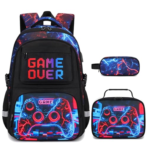 3PCS School Backpack for Boys, Cool Gamer Boys Backpack with Lunch Box and Pencil Case for Kids Kindergarten Teens Elementary Middle School Bag with Convenient Charging Port,Gaming Bookbag Waterproof - color: Futuristic Red & Blue Lightning