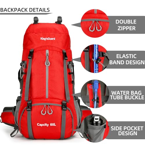King'sGuard 60L waterproof lightweight hiking backpack with rain cover and shoe compartment outdoor sports travel backpack (Red) - color: Red